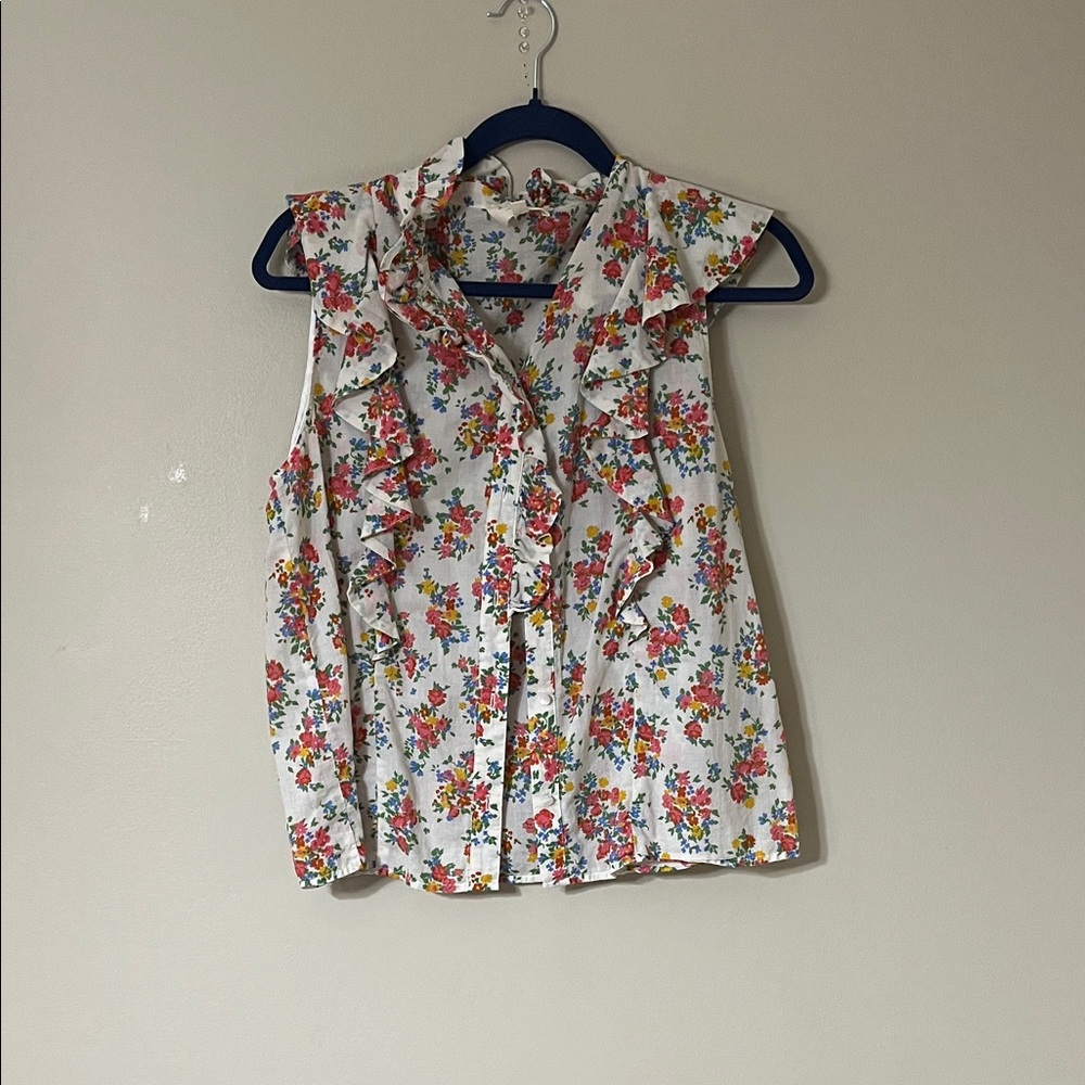 Sezane White Floral Ruffle Blouse